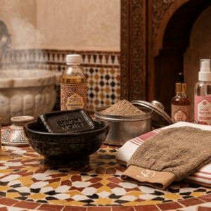 Produits traditionnels du hammam marocain avec savon noir et ghassoul